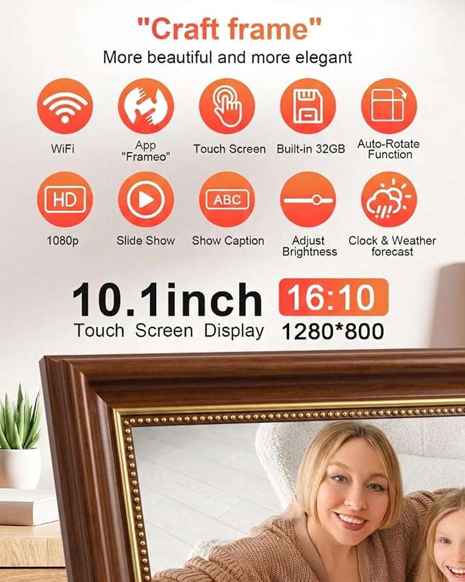Frameo Digital Frame 10.1 Inch WiFi Digital Photo Frame with 32GB Storage, 1280x800 HD IPS Touch Screen Picture Frames Slideshow, Long Distance Realationship Gifts, Elderly Tech (Maple Brown)