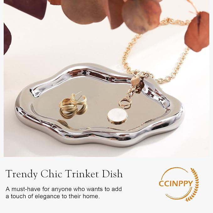 CCINPPY Ceramic Jewelry Tray Trinket Dish, Decorative Cloud Vanity Key Tray for Women, Ring Holder Dish, Cute Jewelry Plate Bowl Room Decor Aesthetic, Silver, Medium