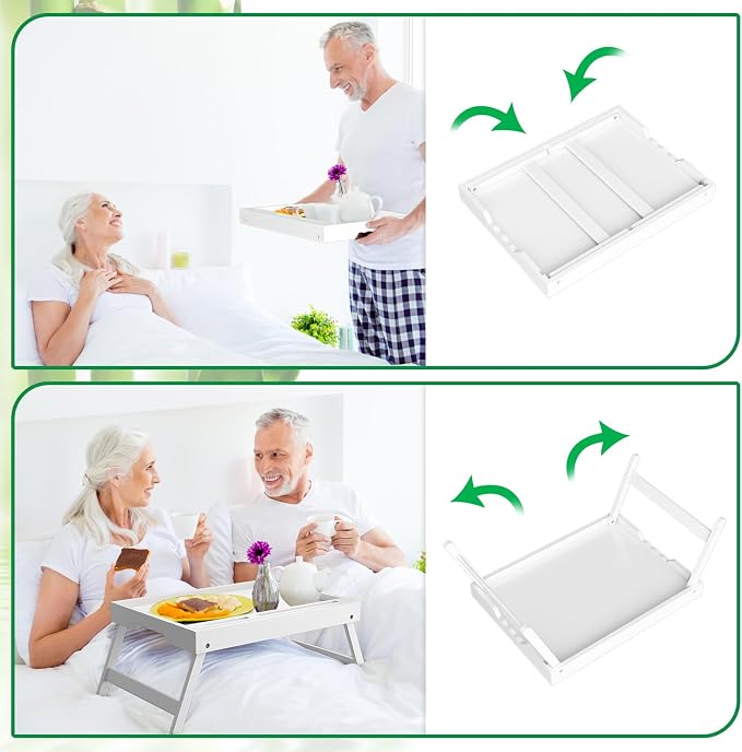 Artmeer Bamboo Bed Tray Table with Device Slot, Folding Legs, Large, White | FSC-certified bamboo bed tray with folding legs, device slot and handles for meals, laptops, reading and serving in bed.