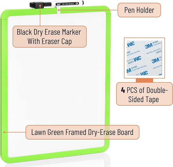 Mr. Pen- Dry Erase Board, 14” x 11” with a Black Dry Erase Marker | Lawn Green Frame, Small Mini White Board for Students, Fridge, Wall, Locker, Includes Double Sided Tapes