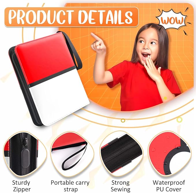 900 - Pockets Trading Card Binder with Removable 50 Sleeves, Card Collector Album with Zipper, Portable Card Holder Book Fits Sports Card, Game Card - Red