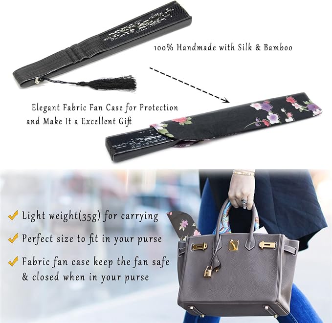 OMyTea Folding Hand Fan for Women - Foldable Japanese Chinese Oriental Vintage Retro Bamboo Silk Fan - for Church, Decoration, Hot Flash, Dance, Performance, Party, Gift (Black Grassflowers)