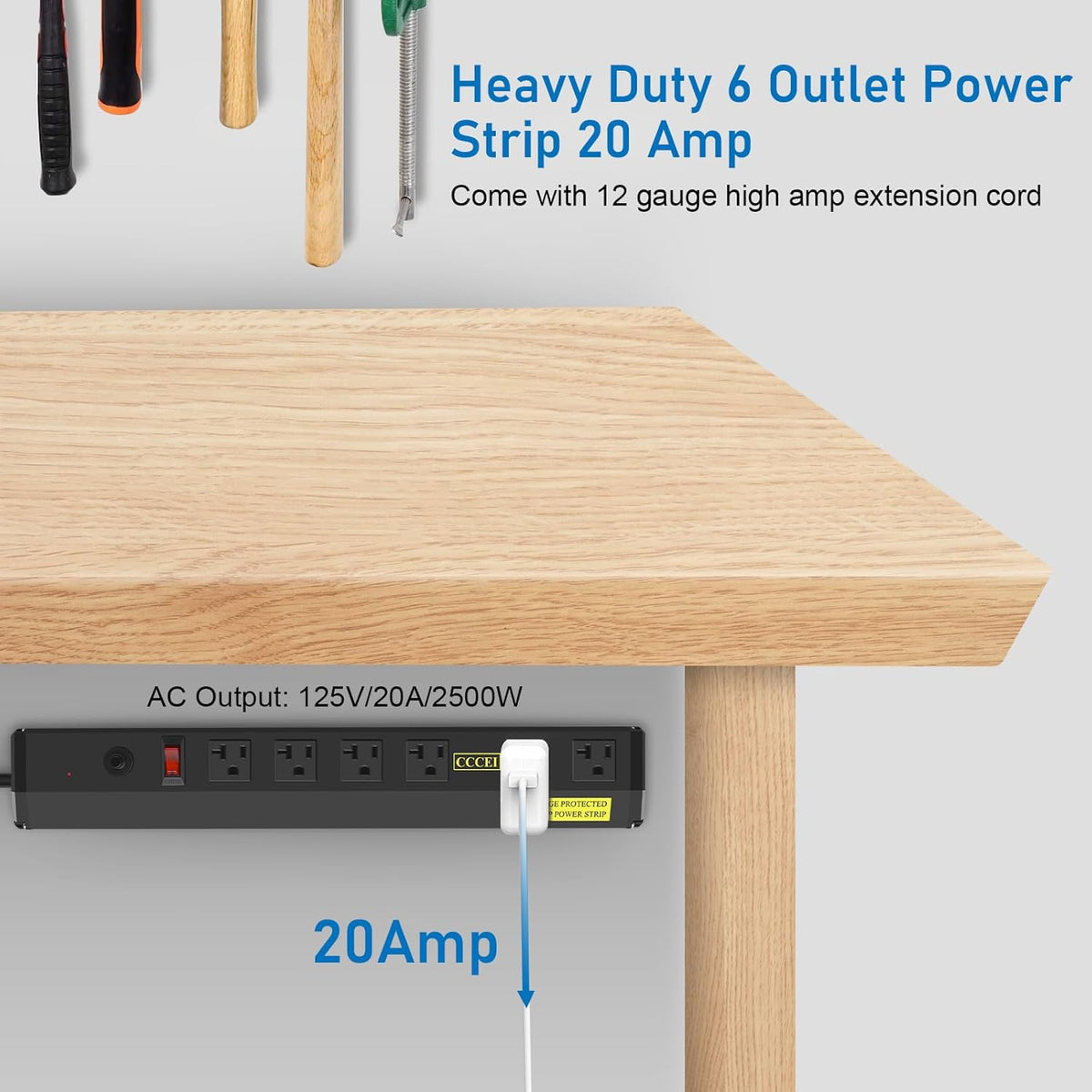 CCCEI Heavy Duty Power Strip Surge Protector 20 Amp, High Amp Industrial Shop Garage Metal Multiple Outlets, 15 FT 12 Gauge 5-15P Extension Cord 6 Outlet 6-20R T-Slot 20a for Appliance. Black.