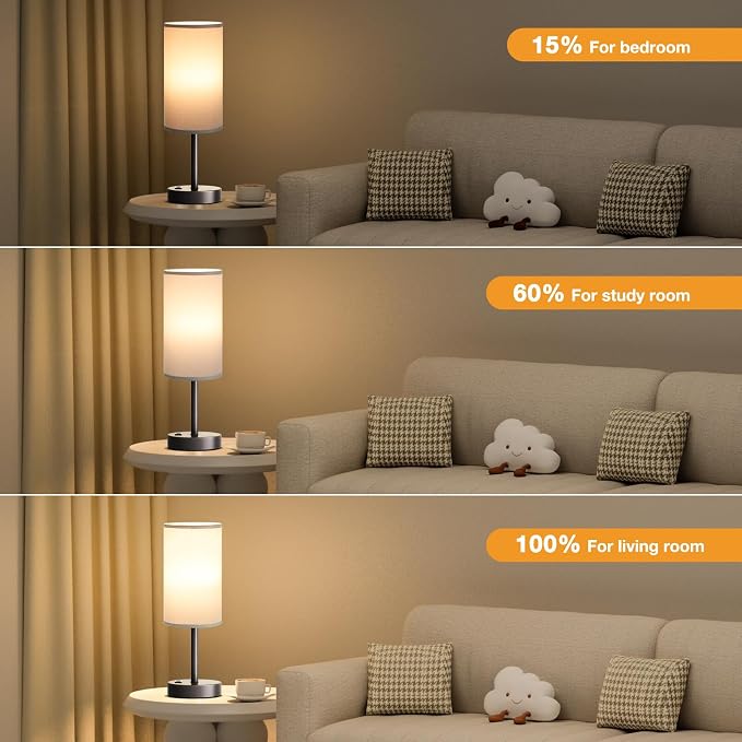 Grey Nightstand Bedroom Lamp - 3 Way Dimmable Bedside Lamp USB C A Charging Ports and AC Outlet, Small Table Lamp Linen Lampshade for Office Desk