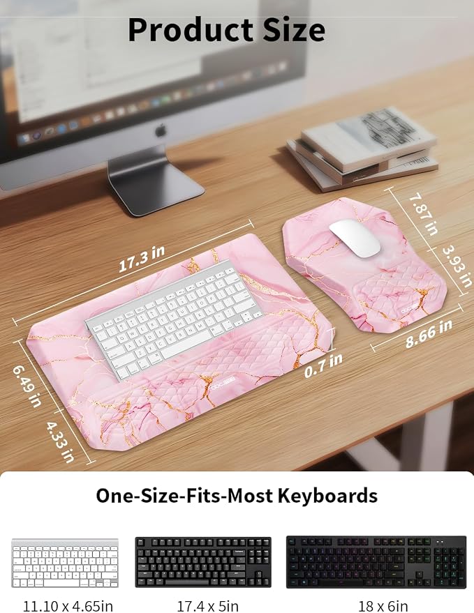 3-in-1 Ergonomic Keyboard Stand with Wrist Rest & Mouse Pad Set,Pink Marble | Comfy Keyboard Riser Holder Soft Mousepad with Massage Design, Memory Foam and Non-Slip PU Base for Pain Relief