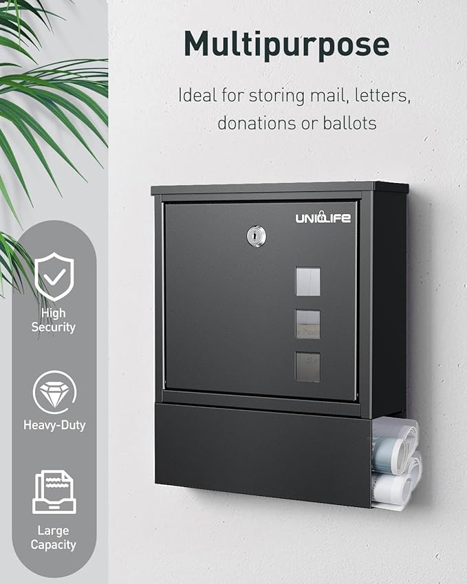 Uniclife Wall Mount Mailbox, Mailboxes for Outside, Large Modern Mail Box with Key Lock, Security Locking Drop Box for Newspaper House Office Outdoor, Black