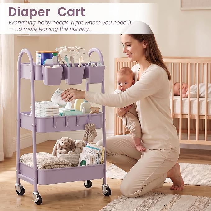 3-Tier Rolling Cart, Utility Cart Mobile Metal Rolling Storage Cart with Lockable Wheels & Hanging Cups & Hooks for Kitchen, Bathroom, Office, Workshop, Purple