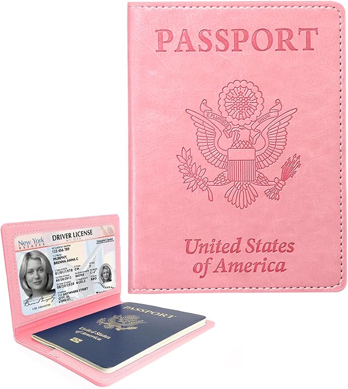 Sizobi PU Passport Holder for Travel, Passport Cover Wallet for Women Men, Leather Passport Book Card Holder Case for International Travel Must Haves Accessories, Cruise Ship Essentials Gifts, Pink