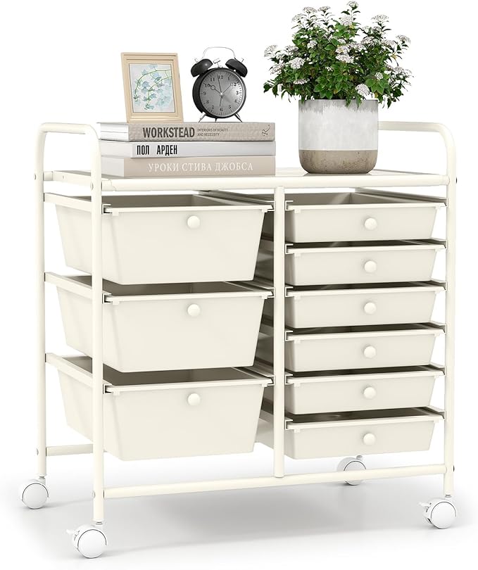 9 Drawer Rolling Storage Cart, Rolling Cart with Drawers for Classroom, Art Supply Craft Organizer on Wheel with Metal Frame & Handles for Home Office School