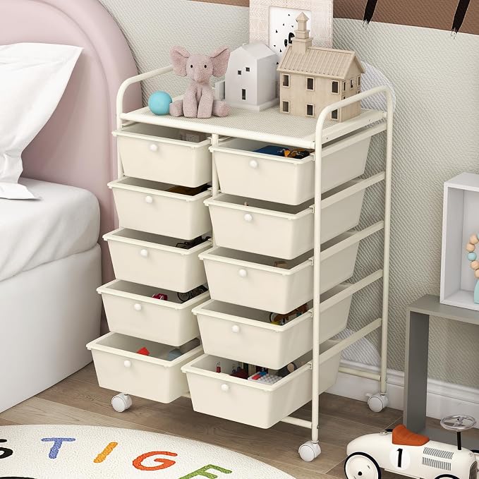 COSTWAY 10 Drawer Rolling Storage Cart, Utility Cart with Lockable Wheels | Mobile Art Supply Craft Organizer with Metal Frame, Multipurpose Drawer Cart for Paper for Office, School, White