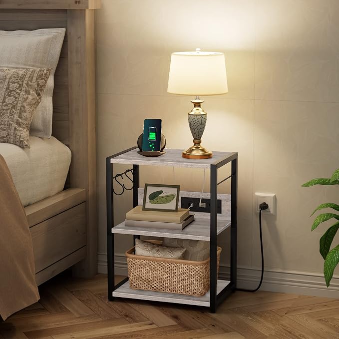 MAHANCRIS Industrial Printer Cart, 3-Tier Mobile Printer Stand, Rolling Cart with Power Outlets and USB Ports, Home Printer Stand with 2 Hooks, for Office, Living Room, Greige PTHG40E01