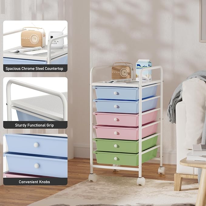 Rolling Storage Cart with Drawers 6-Tier Office Colorful | Utility Cart with 6 Drawers & 2 Lockable Caster Wheels, Multipurpose Mobile Drawer Cart for School Bathroom Kitchen