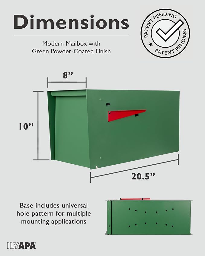 Ilyapa Modern Mailbox for Outside Post Mount - Green Powder Coated Metal Mailbox, Waterproof Letter Box for Parcels, with Recessed Magnetic Close Door