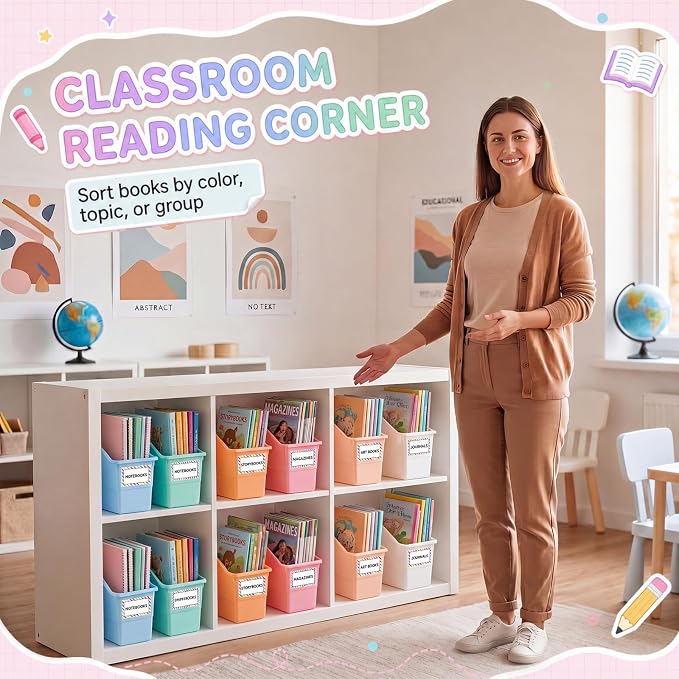 Blosssound 24 Set Book Bins for Classroom Stackable,Cloud Pastel | Plastic Baskets with Labels, Slanted Front, Library Supplies Organizers, Desktop Storage Bins, Teachers Home School Use