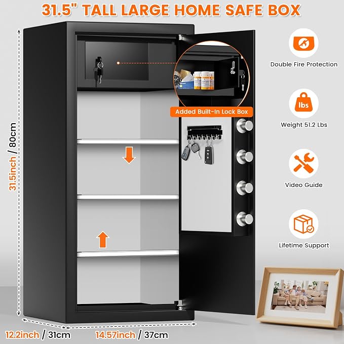 31.5"H Large Safe Box for Home & Office | 8.0 Cu Ft Heavy Carbon Steel Safe | Electronic Combination Lock | Double Safer - Add A4 Fire Waterproof Bag & Built-in Lock Box | Wall & Floor Mount for Valuable