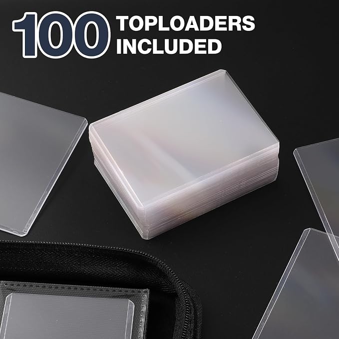 Toploader Binder, Holds 160 Toploaders, 100 Toploaders INCLUDED, 4-Pocket PU Cover Top Loader Binder for 3" x 4" Rigid Toploader, Ringless Double-Sided Toploader Card Binder for TCG, Sport Cards
