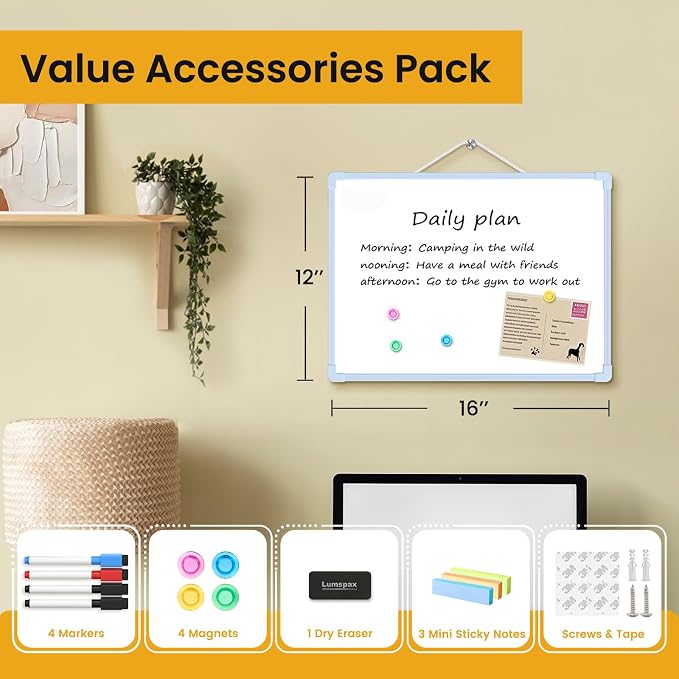 Blue Frame Small Dry Erase Board for Wall, 16" x 12" Double-Sided Hanging Whiteboard with 4 Markers, 4 Magnets and 3 Mini Sticky Notes, Portable Whiteboard for Kids, School, Home, Office