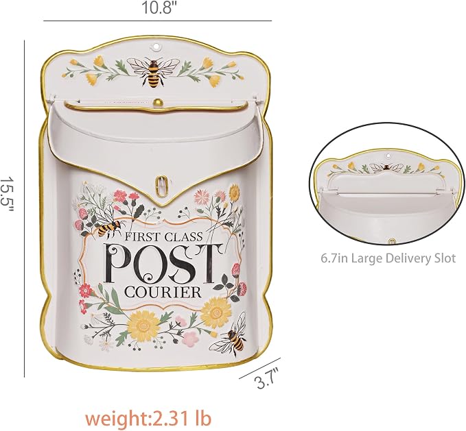 Wall Mount Mailbox for Outside Vintage Mail Boxes for House Outside Metal Door Mailbox Drop Box Antique Style Nostalgic Charm Home Decorative, Flower Pattern, Pink