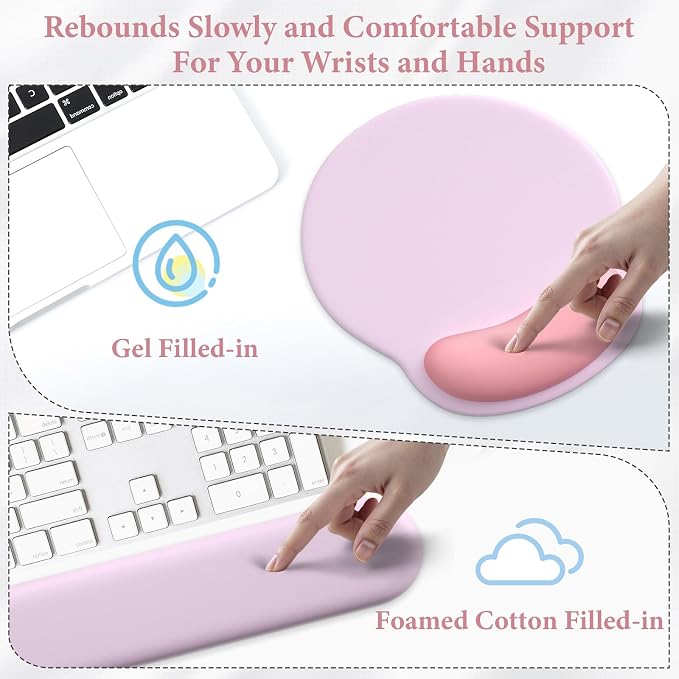 3 in 1 Ergonomic Mouse Pad and Keyboard Wrist Rest with Coaster Set-Pink | Cute Large Mousepad with Gel Wrist Support for Gaming Computer Laptop Women Office Home Desk Decor