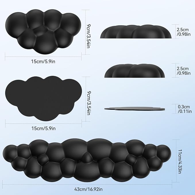 TECKNET Cloud Keyboard Wrist Rest Set, Cloud Wrist Rest with Non-Slip Base, PU Leather Wrist Pad for Keyboard with Ergonomic Memory Foam for Computer Laptop Office Gaming and Pain Relief, Black