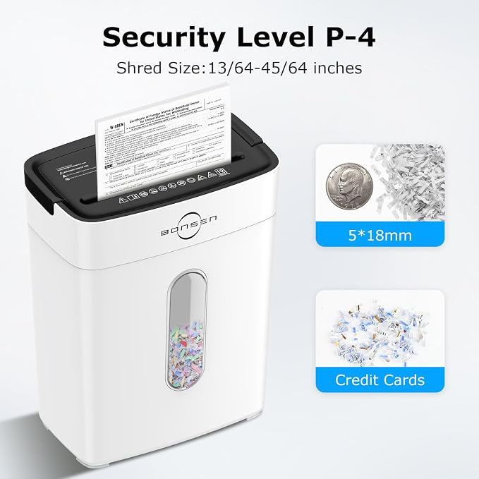 Bonsen 10-Sheet Cross Cut Paper Shredder for Home Office Heavy Duty, White | P-4 Security Level, Shreds Paper & Credit Cards, 4-Gal Bin with Portable Handle, Small Shredder for Home Office，S3201-W