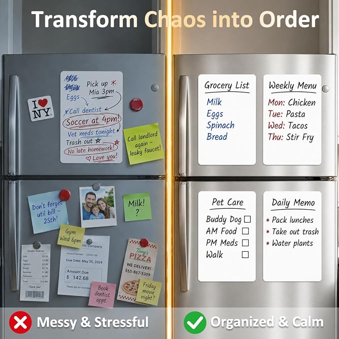 Small Magnetic Whiteboard for Fridge: 4-Pack Keeps Plans Clear | Dry Erase Sheets for Grocery Lists Menus To-Dos & Family Notes - 12" x 8" Organizer Set with 3 Markers & 1 Eraser
