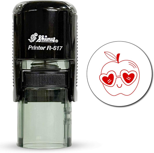 Shiny Cool Apple Teacher Stamp, Round Self Inking Stamp for Classroom, Red Ink