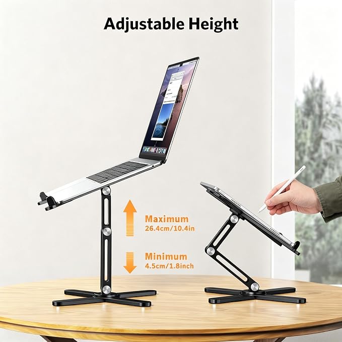 OMOTON LA10 360° Rotating Laptop Stand Riser Foldable for Desk, Black | Aluminium Aolly, Adjustable Height Angles, Collaborative Work, Easy Storage, Fits Laptops up to 17", for MacBook Pro/Air HP