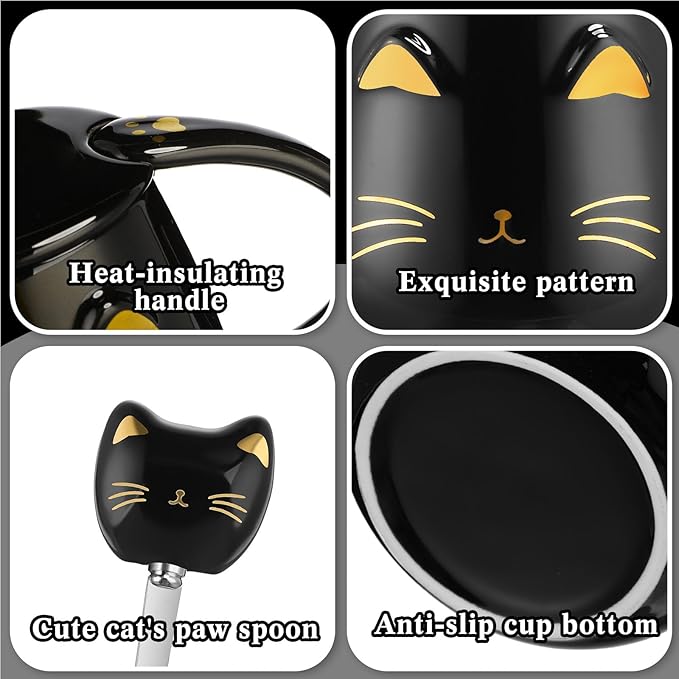 Cat Coffee Cup Coffee Warmer with Mug for Women Electric Mug Heater Temperature Control Ceramic Cute Cat Warmer for Office Valentine' Day Birthday Gift(Black)
