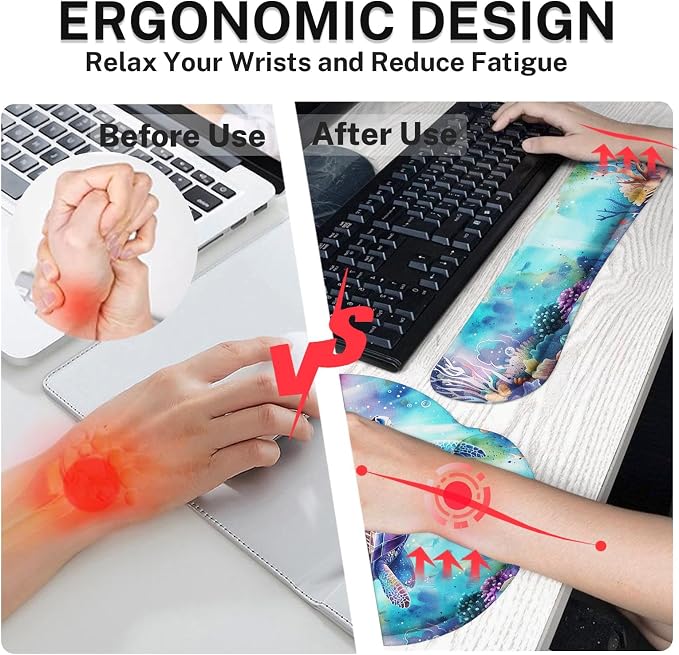 Ergonomic Mouse Pad Set with Wrist Rest, Cute Sea Turtle | Coral Reef Ocean Non-Slip Rubber Base Wrist Cushion Support and Coasters Mousepad with Wrist Support for Computer Keyboard