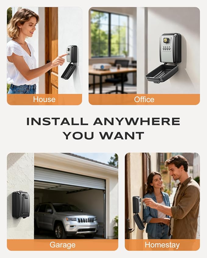 Wall-Mounted Lock Box for Keys with Code, Large Capacity 4 Digits Combination Key Lock Box with Resettable Spare Key, Weatherproof Key Safe Storage Lockbox for Home, Apartment, Office, Gray