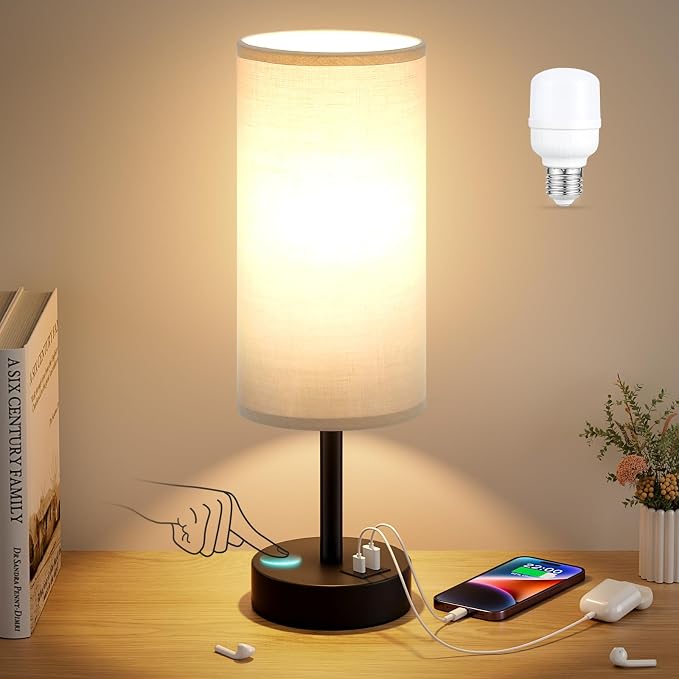 Dicoool Bedside Table Lamp for Bedroom - 3-Way Dimmable Touch Lamp, USB A+C | LED Bulb Included, 14" Small Nightstand Lamp for Desk, Living Room, Guest Room, Grey Fabric Lampshade, Black Metal Base
