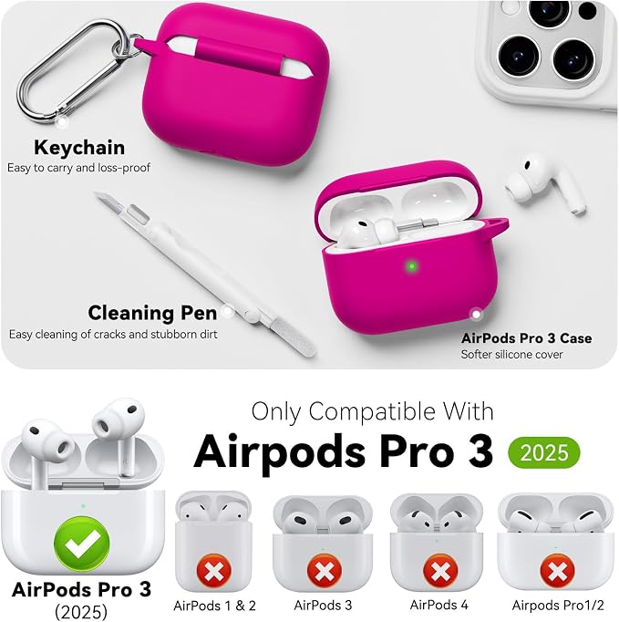 for AirPods Pro 3 Case 2025,Come with Cleaner Kit,Hot Pink | Silicone Protective Cover for Airpod Pro 3rd Generation Case with Keychain,for Women Men,One-Piece Design,Shockproof