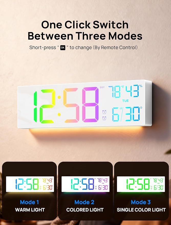 18.5" Large Digital Wall Clock with Remote Control, Big LED Display Digital Clocks with Night Light, Alarm, DST, Temp, Date for Living Room, Bedroom, Office, Classroom, Gifts for Seniors(White)