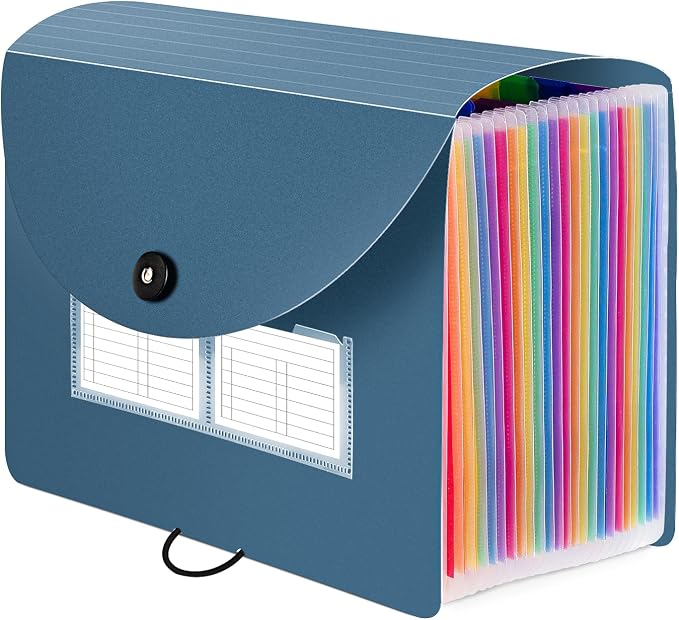 Sooez 24 Pockets Expanding File Folder, Accordion File Organizer, Letter/A4 | Expandable Cover, Desktop Accordion Folders Letter A4 Paper Document Storage Organizer, Blue