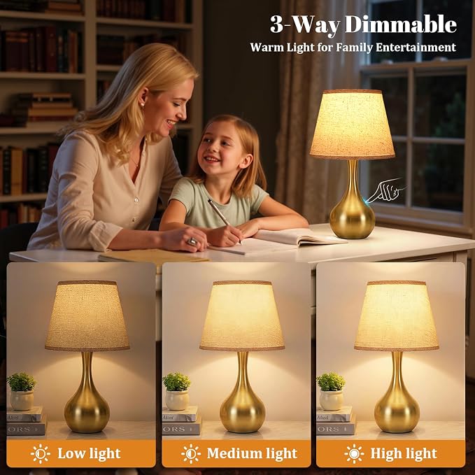 16.1" Touch Table Lamp for Nightstand, 3 Way Dimmable Small Bedroom Lamp | Touch Control, Bulb Included, Gold Bedside Lamps for Desk, Night Stands, Living Room, End Table, Corded