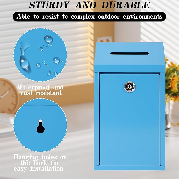 Metal Donation Box with Lock Ballot Box Drop Box with Lock Suggestion Box with Slot and Locks Metal Locks Box Comment Box Voting Box Key Drop Box for Home Office(Blue,10.24 x 5.71 x 2.95 Inch)