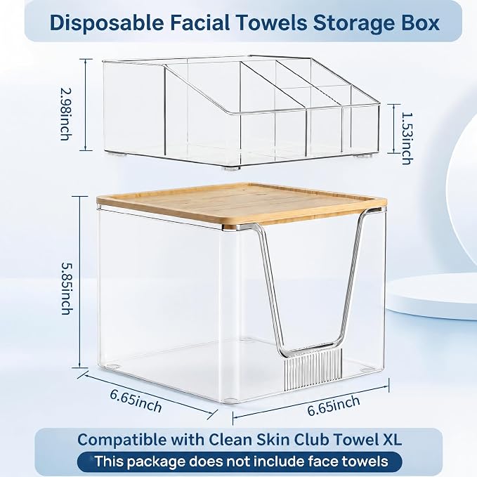 Disposable Facial Towel Holder, 2 Tier Cosmetic Storage Organizer Box | Clear box with Bamboo Lid Compatible with Clean Skin Club Towel XL, Skincare Organizer for Vanity Bathroom Countertop, 1 Pack