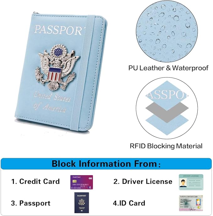 Cnycmy Passport Holder with Airtag slot,Passport-Wallet-Holder for Women,for Family, Rfid Passport Book Card Slot Waterproof, passport holder for travel (light blue1)