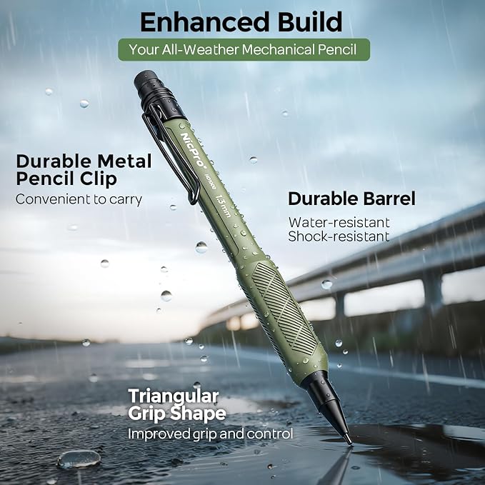 Nicpro 1.3 mm Mechanical Pencils Set 3 Colors, HD1000 1.3 Lead Pencil, 3Pcs | 51 Refill, 3 Eraser -Weatherproof Barrel Pencil, Heavy Duty Carpenter Pencil for Outdoor Marking Drafting Drawing Woodworking