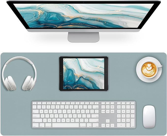 Leather Desk Pad Mat, Mist Blue Desk Mat, 23.6" x 13.7" | Non-slip and Waterproof Computer Mat, Desk Protector for Office/Home, Desk Accessories