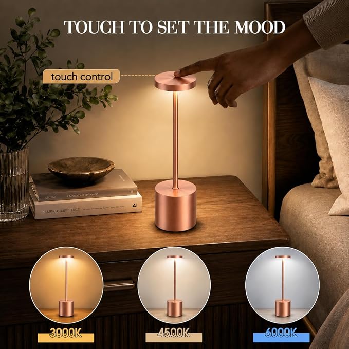 AUDLES Cordless Table Lamp, 5000mAh Rechargeable Lamp with Touch Control & Stepless Dimming, 3 Light Modes, IP54 Waterproof Portable Light for Dining Table, Patio, Bathroom, Power Outage (Rose Gold)