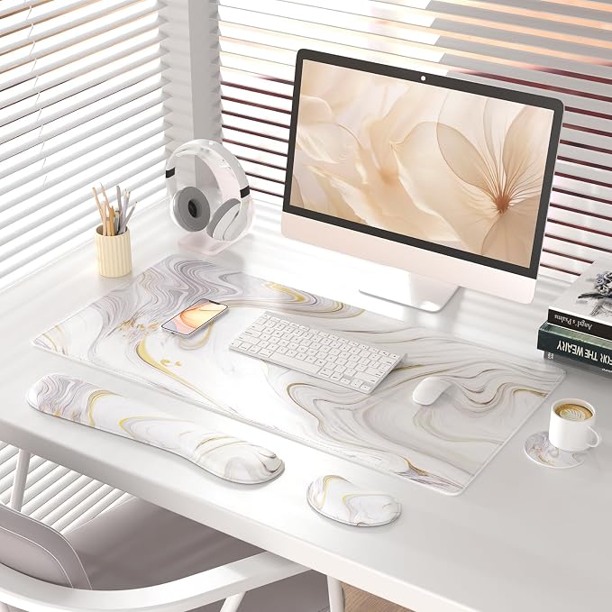 QIYI PU Leather Desk Mat Set, 4-in-1 Ergonomic Wrist Rest, White Marble | Waterproof Large Mouse Pad 31.5×15.7 + Keyboard Wrist Rest + Mouse Wrist Support+Coaster, Non-Slip Office Gaming Accessories