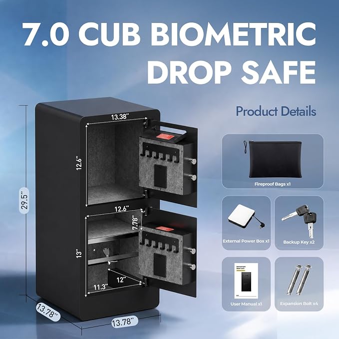 KAER Biometric Safe Box for Home, 7.0 CuFt Dual-Door Drop Safes with Fireproof & Waterproof Bag, Hidden Lock Box, Digital Keypad & Adjustable Shelves, Cash Safe for Store, Restaurant, Hotel & Office