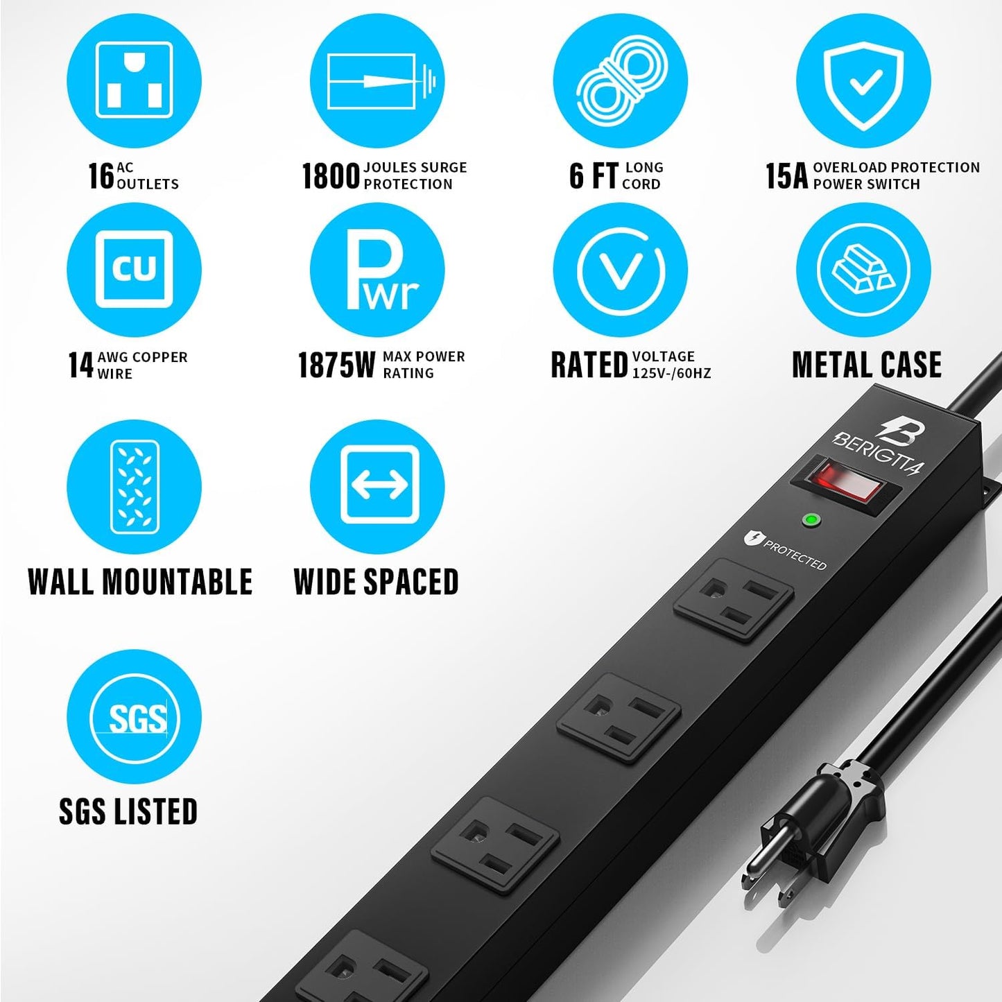 16 Outlet Surge Protector Metal Power Strip, 1800J Mountable Power Outlet, Heavy Duty Workshop Metal Power Strip for Commercial, Industrial, School and Home,15A 125V 1875W (6FT)