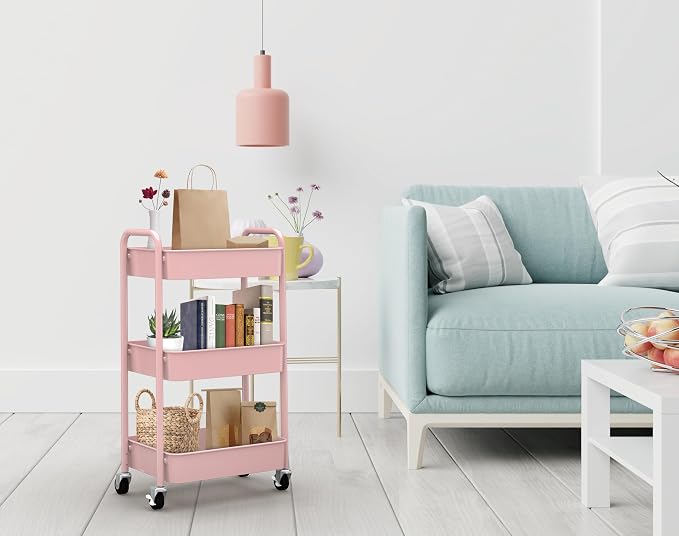 3-Tier Rolling Metal Storage Organizer - Mobile Utility Cart with Caster Wheels, Pink