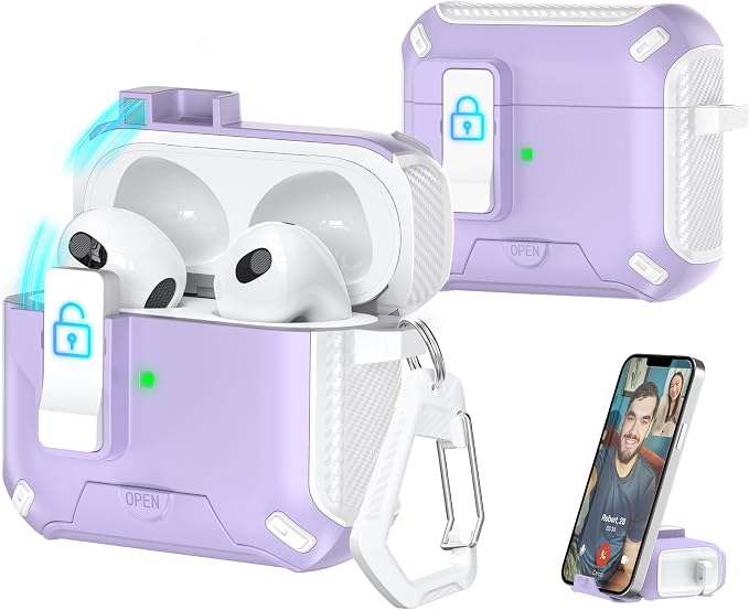 R-FUN for AirPods 3 Case with Lock Phone Stand Magnetic Lid, White+Pur | Compatible with Apple AirPods 3rd Generation (2019) Case with Cleaner Kit & Carabiner, Powerful Drop Protection