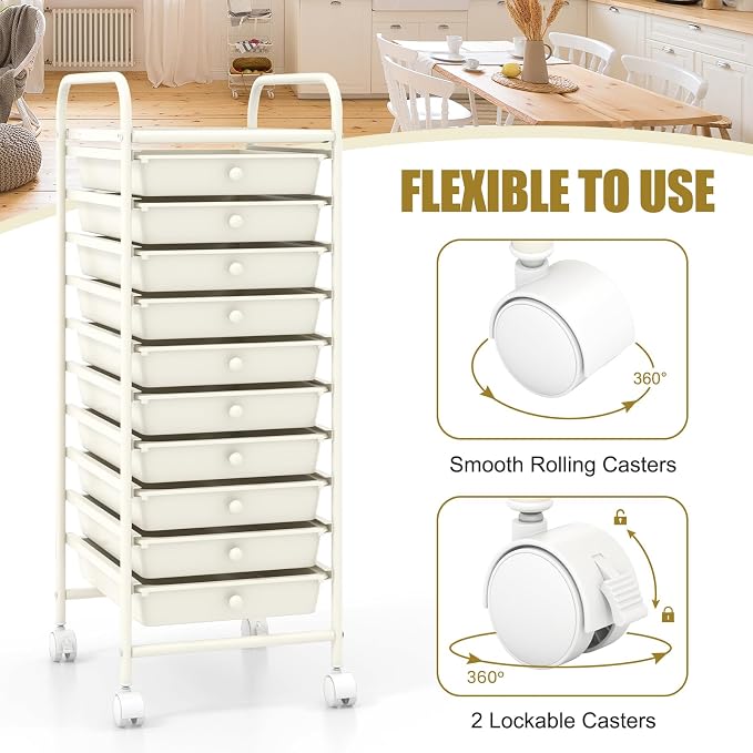 COSTWAY 10-Drawer Rolling Storage Cart, Utility Mobile Trolley | Removable Drawers & Universal Casters & 2 Brakes, Versatile Flexible Drawer Organizer Cart for Home, Office (White)