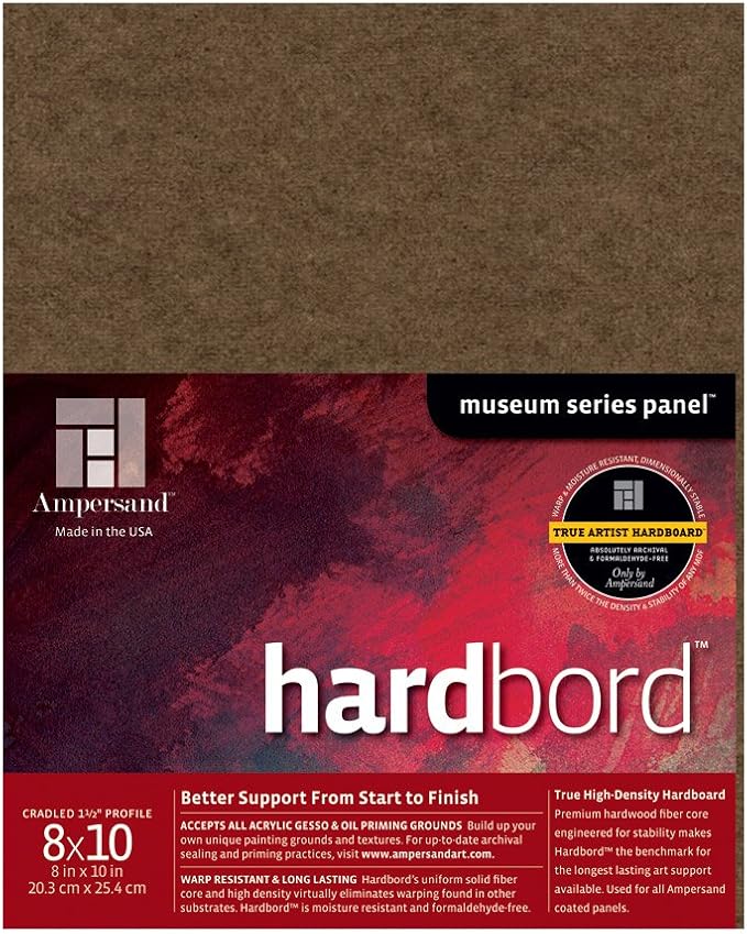 Ampersand Art Supply Hardboard Wood Painting Panel: Museum Series Hardbord, 8" x 10", 1-1/2 Inch Cradled Profile