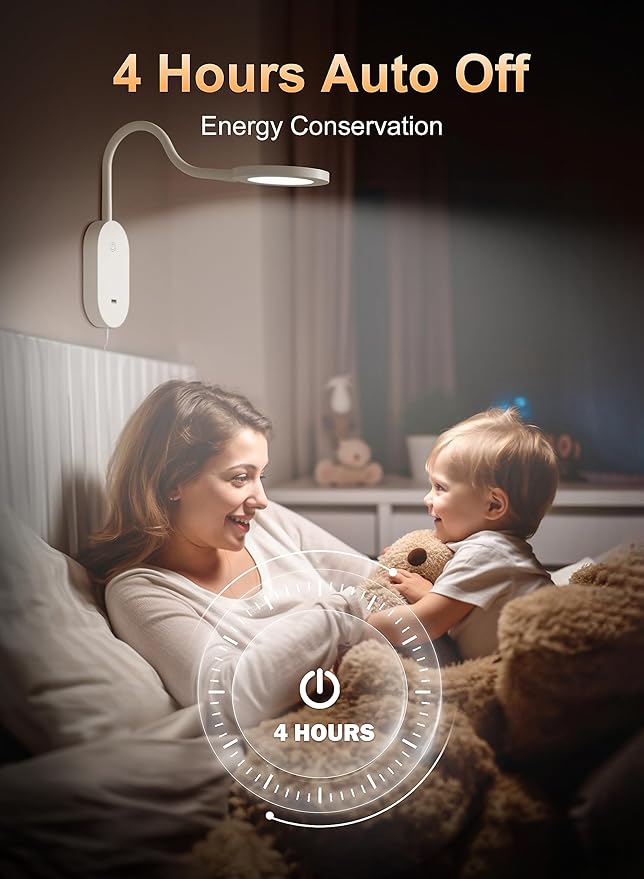 deeloop Wall Mounted Reading Light,Book Lights with USB Output, Reading Lamps for Bed Headboard in 4 Hours Auto-Off, Touch Control Wall Lamp with 5 Dimmable Flexible Head Rotation Bedside Lamps White
